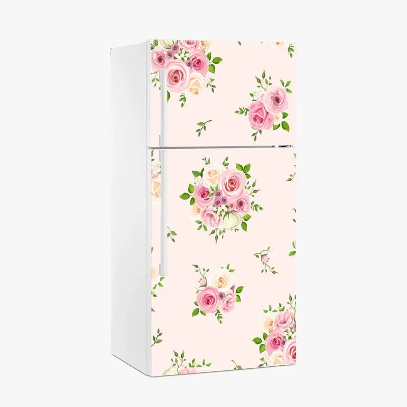 Pegatina para frigorífico ramos de rosas en tonos pastel sobre fondo rosa claro