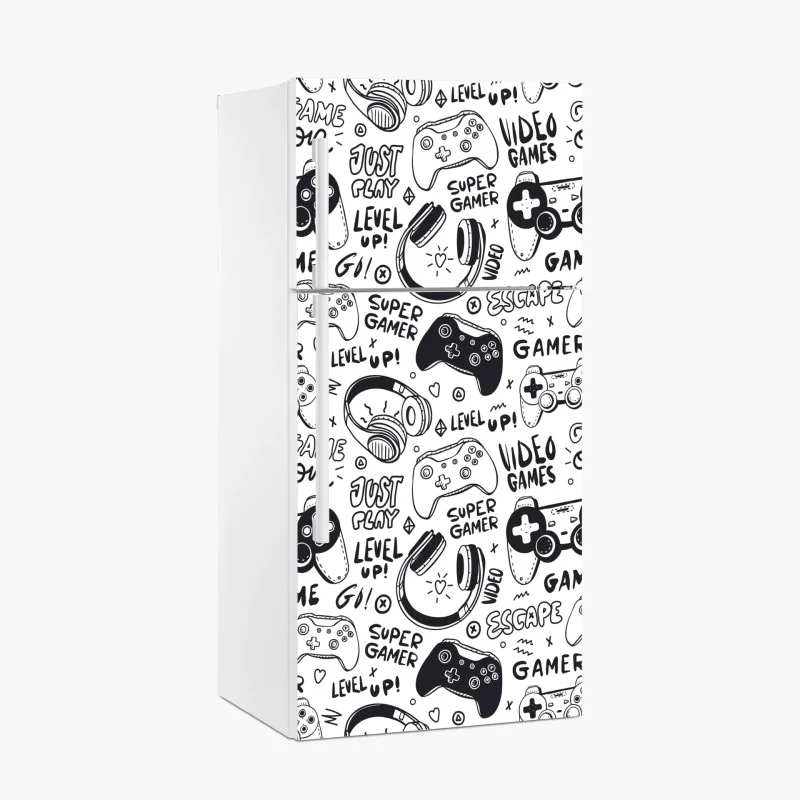 Pegatina para frigorífico patrón de videojuegos en estilo doodle blanco y negro