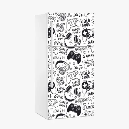 Pegatina para frigorífico patrón de videojuegos en estilo doodle blanco y negro – Pixers®