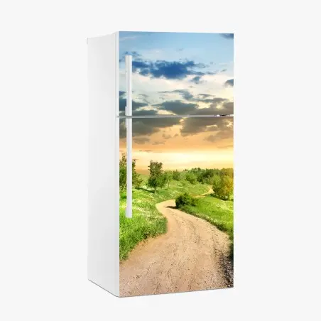 Pegatina para frigorífico camino al atardecer en campo primaveral – Pixers®