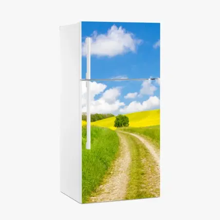 Pegatina para frigorífico camino entre prados amarillos y cielo azul – Pixers®