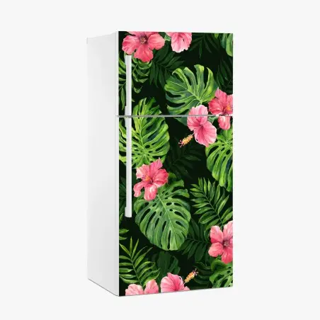 Pegatina para frigorífico patrón tropical de hojas monstera y hibiscos rosas – Pixers®
