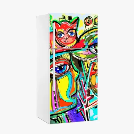 Pegatina para frigorífico rostro colorido con gato rojo y pájaro – Pixers®
