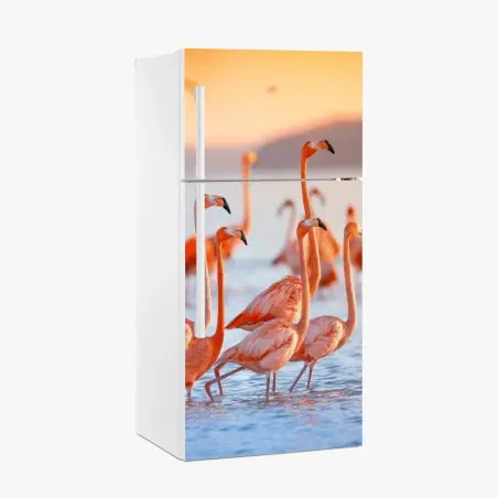 Pegatina para frigorífico flamencos al atardecer sobre aguas tranquilas – Pixers®