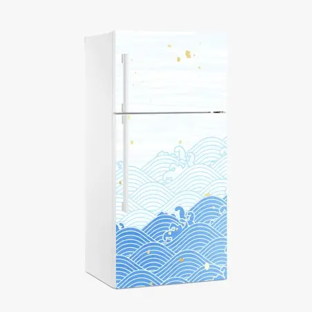 Pegatina para frigorífico ondas marinas en azul con salpicaduras doradas – Pixers®