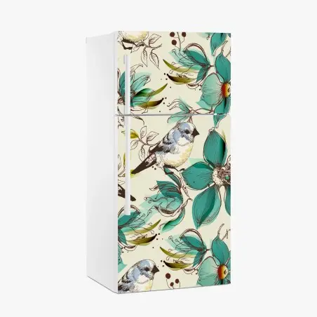 Pegatina para frigorífico estampado retro de pájaros y flores turquesa – Pixers®