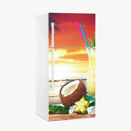 Pegatina para frigorífico atardecer tropical con cóctel de piña y coco – Pixers®