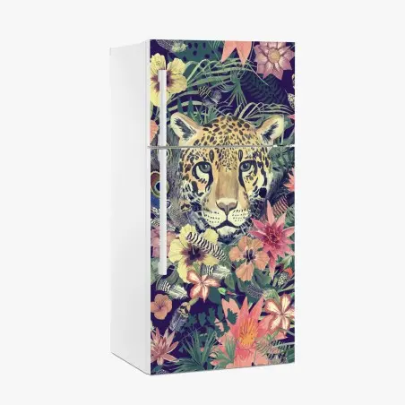 Pegatina para frigorífico leopardo en selva acuarelada y flores exóticas – Pixers®