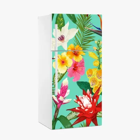 Pegatina para frigorífico estampado tropical de flores acuareladas sobre fondo turquesa – Pixers®