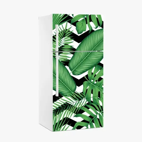 Pegatina para frigorífico follaje tropical sobre patrón zigzag blanco y negro – Pixers®