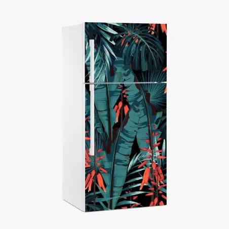 Pegatina para frigorífico follaje tropical azul con flores rojas – Pixers®