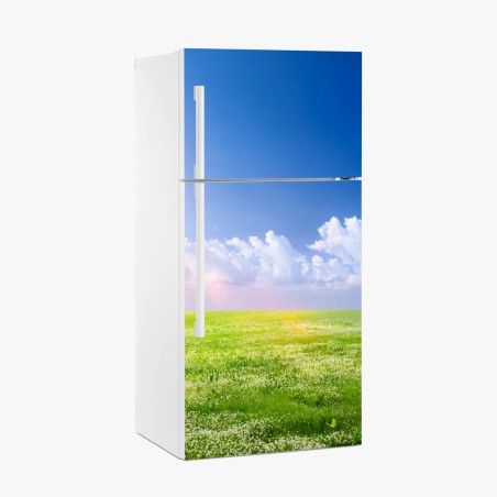Pegatina para frigorífico pradera primaveral bajo cielo azul – Pixers®