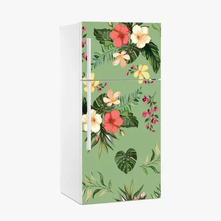 Pegatina para frigorífico diseño tropical de flores y hojas sobre fondo verde – Pixers®