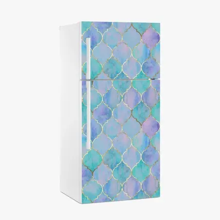 Pegatina para frigorífico patrón marroquí en acuarela turquesa y lavanda con contornos dorados – Pixers®