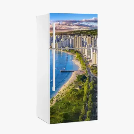 Pegatina para frigorífico vista panorámica de Waikiki al atardecer – Pixers®