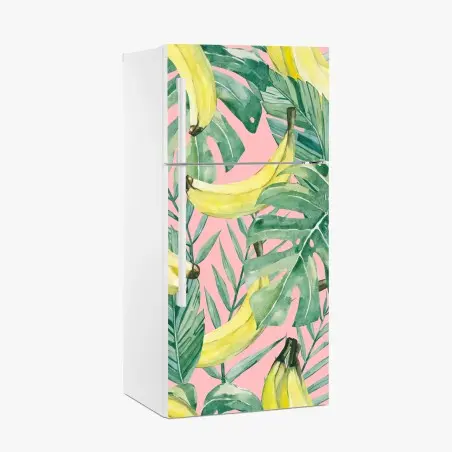 Pegatina para frigorífico hojas tropicales y bananas en acuarela sobre fondo rosa – Pixers®