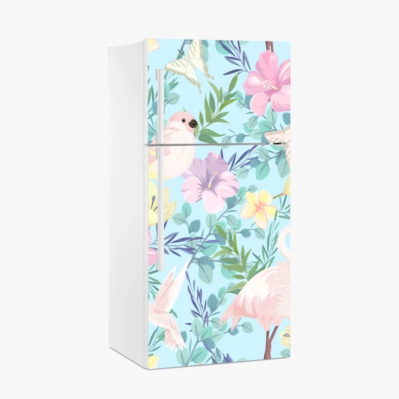 Pegatina para frigorífico jardín tropical en tonos pastel con aves