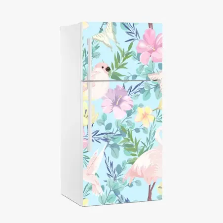 Pegatina para frigorífico jardín tropical en tonos pastel con aves – Pixers®