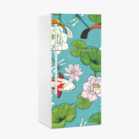 Pegatina para frigorífico escena de carpas koi y flores de loto sobre estanque – Pixers®