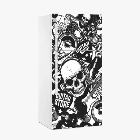 Pegatina para frigorífico calavera rock y guitarras en diseño monocromo – Pixers®