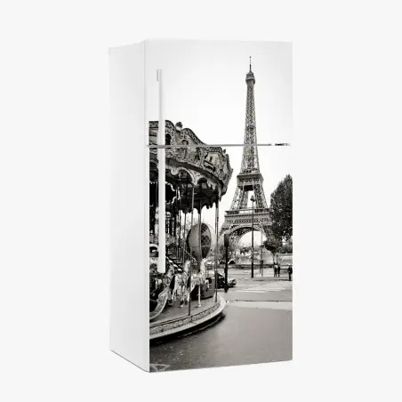 Pegatina para frigorífico encanto nostálgico: carrusel frente a la Torre Eiffel – Pixers®