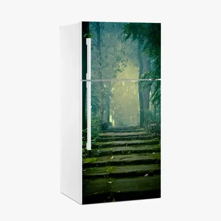 Pegatina para frigorífico escalera de piedra hacia un bosque brumoso – Pixers®