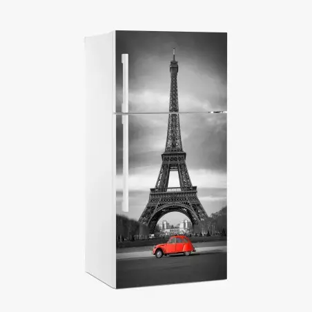 Pegatina para frigorífico París en contraste: coche rojo frente a la Torre Eiffel – Pixers®