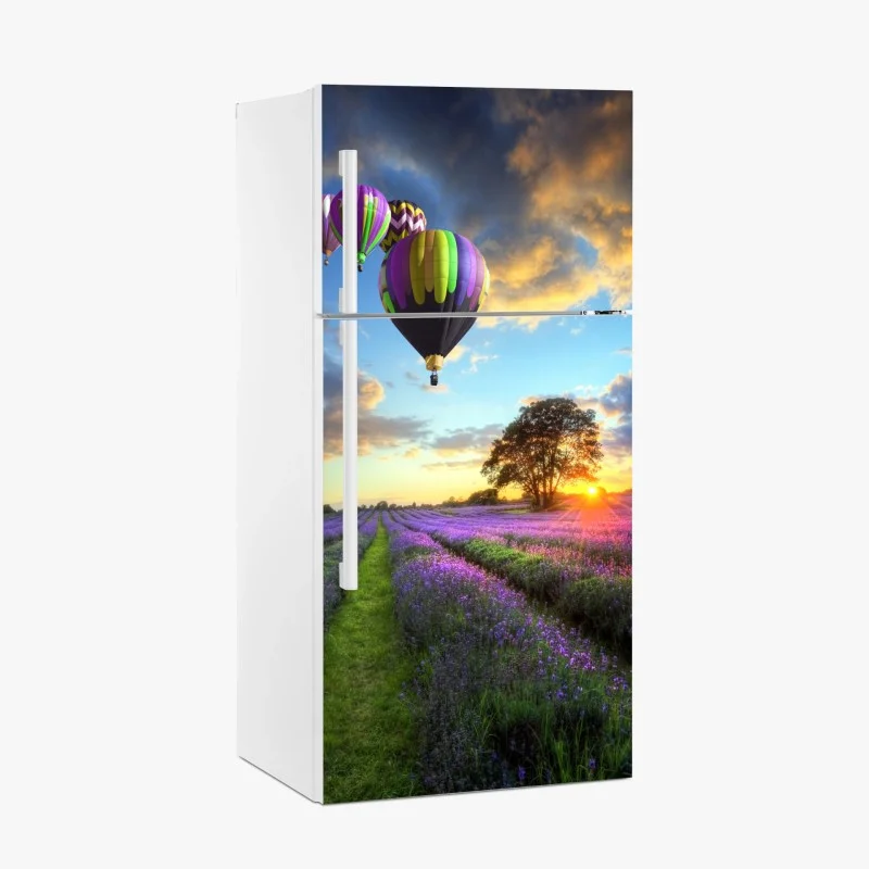 Pegatina para frigorífico puesta de sol sobre campos de lavanda y globos aerostáticos
