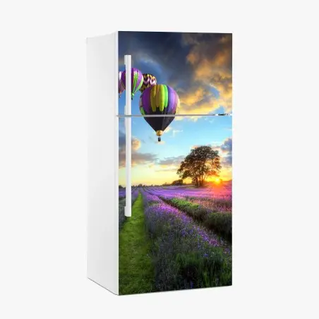 Pegatina para frigorífico puesta de sol sobre campos de lavanda y globos aerostáticos – Pixers®