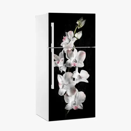 Pegatina para frigorífico orquídeas blancas con toques rosados sobre fondo negro – Pixers®