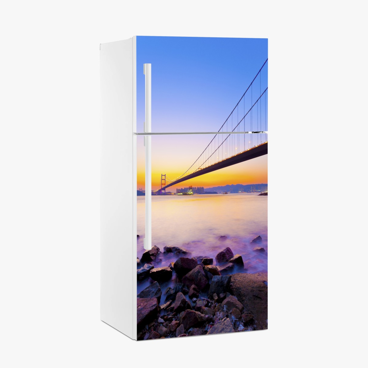 Pegatina para frigorífico puente colgante al atardecer sobre la costa – Pixers®