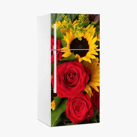 Pegatina para frigorífico ramo de rosas rojas y girasoles vibrantes – Pixers®