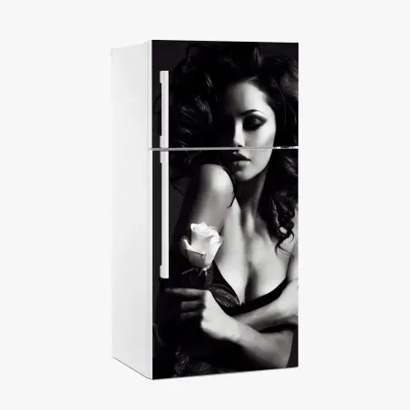 Pegatina para frigorífico mujer con rosa en blanco y negro – Pixers®