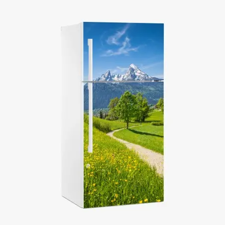 Pegatina para frigorífico paisaje alpino con sendero entre prados floridos y picos nevados – Pixers®