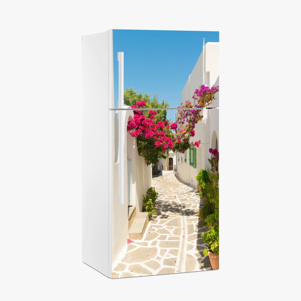 Pegatina para frigorífico rincón mediterráneo de casas blancas y buganvillas – Pixers®