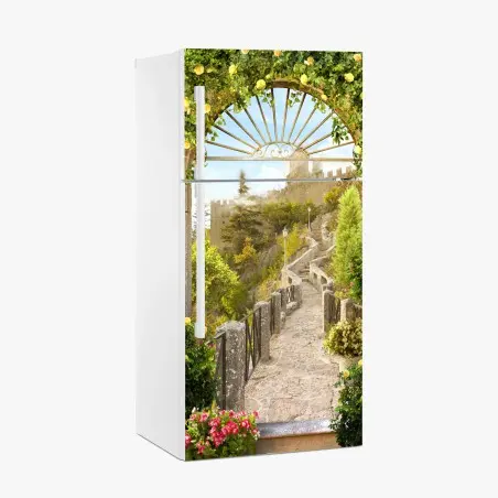Pegatina para frigorífico camino al castillo entre rosas – Pixers®