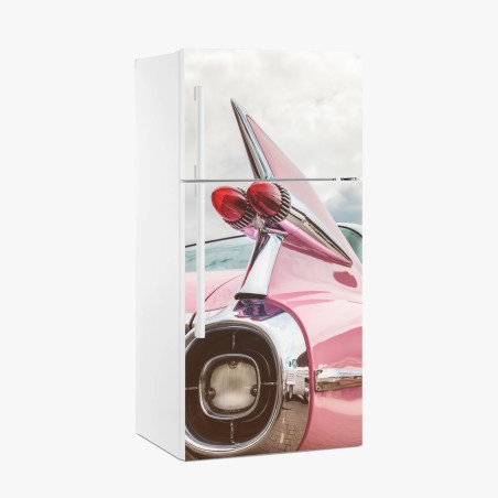Pegatina para frigorífico icono retro: coche clásico rosa con aleta cromada – Pixers®