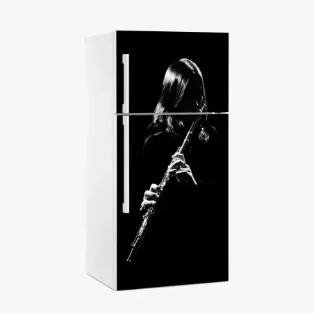 Pegatina para frigorífico flautista en contraluz, retrato en blanco y negro – Pixers®