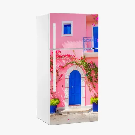 Pegatina para frigorífico fachada mediterránea en rosa y azul – Pixers®