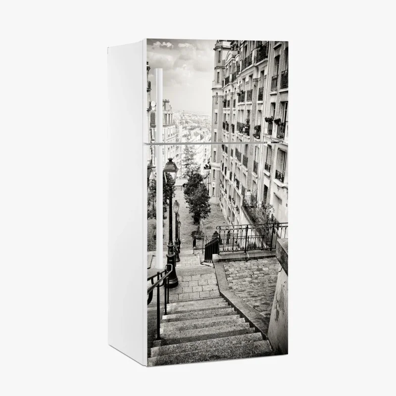 Pegatina para frigorífico escaleras empedradas en blanco y negro
