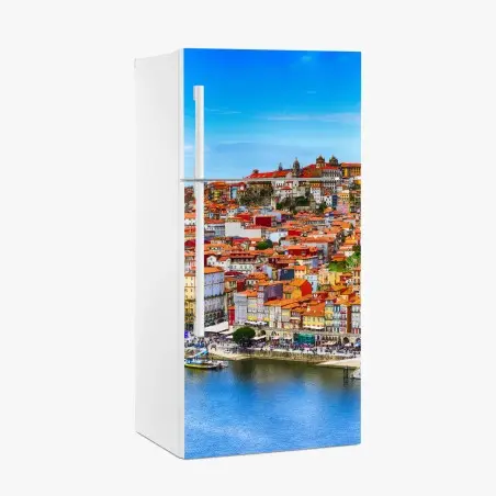 Pegatina para frigorífico paisaje urbano colorido de Porto junto al río – Pixers®