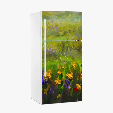 Pegatina para frigorífico prado de flores al óleo: paisaje impresionista vibrante – Pixers®