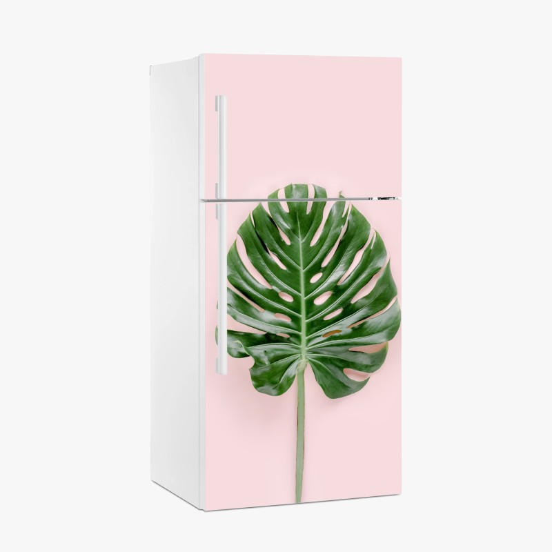 Pegatina para frigorífico hoja de monstera sobre fondo rosa