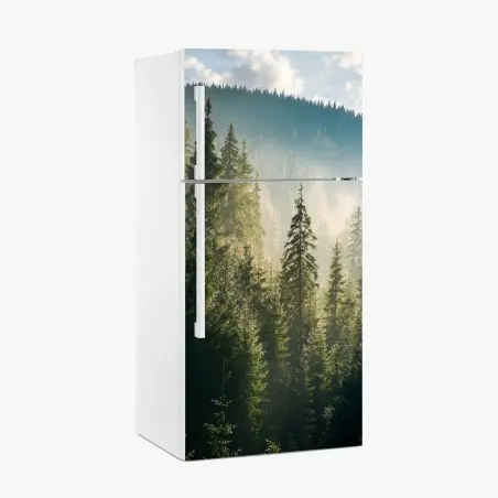 Pegatina para frigorífico bosque de abetos en la niebla matutina – Pixers®