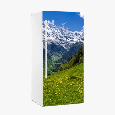 Pegatina para frigorífico pradera alpina con flores y montañas nevadas – Pixers®