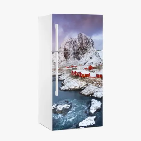 Pegatina para frigorífico paisaje costero nevado con casas rojas – Pixers®