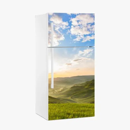 Pegatina para frigorífico amanecer entre colinas y niebla – Pixers®