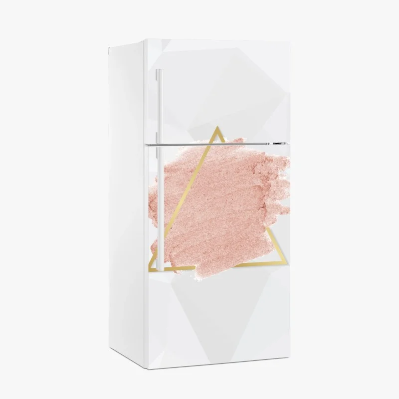Pegatina para frigorífico brochazo rosa pastel con triángulo dorado sobre fondo geométrico