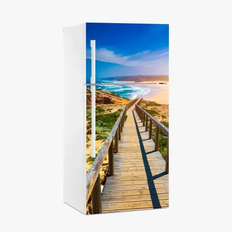 Pegatina para frigorífico amanecer en Praia da Bordeira: pasarela hacia el mar – Pixers®