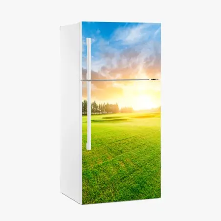 Pegatina para frigorífico puesta de sol sobre campo verde y bosque – Pixers®